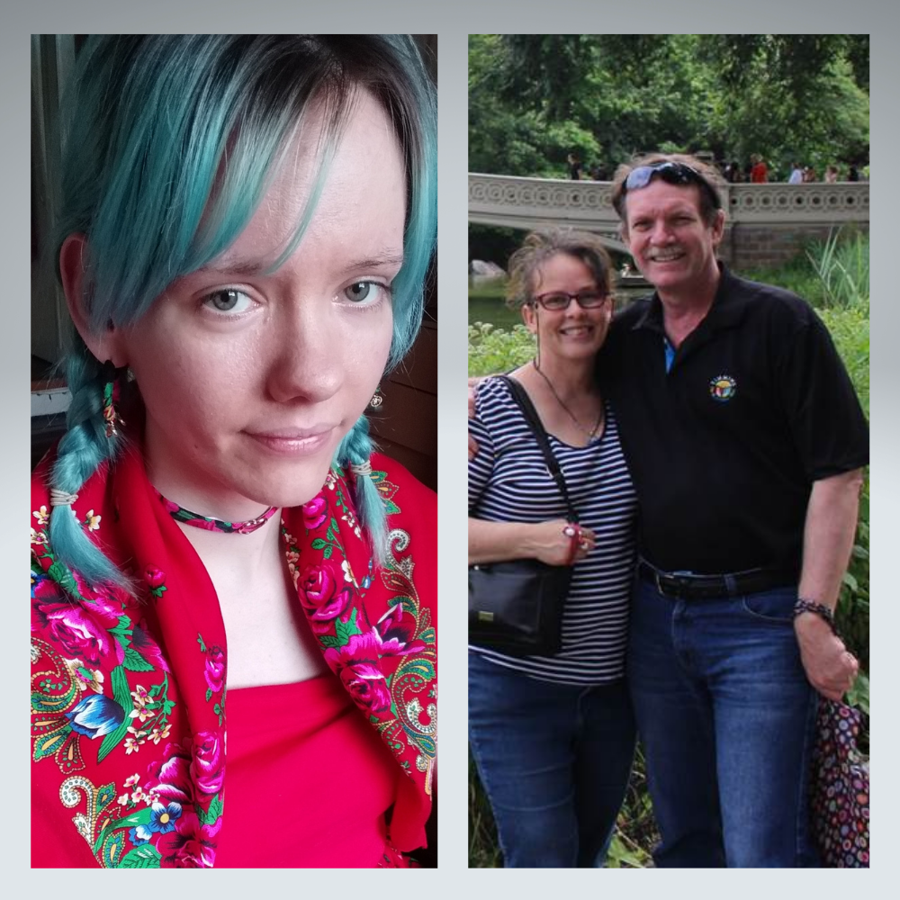 Grey background with photo left and right. Left: Samantha Donaldson. Right: Scott Butcher and his wife Genie